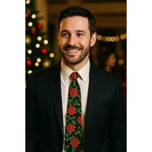 Vintage Hallmark Yule Tie Greetings Christmas Poinsettia‎ Holly Necktie